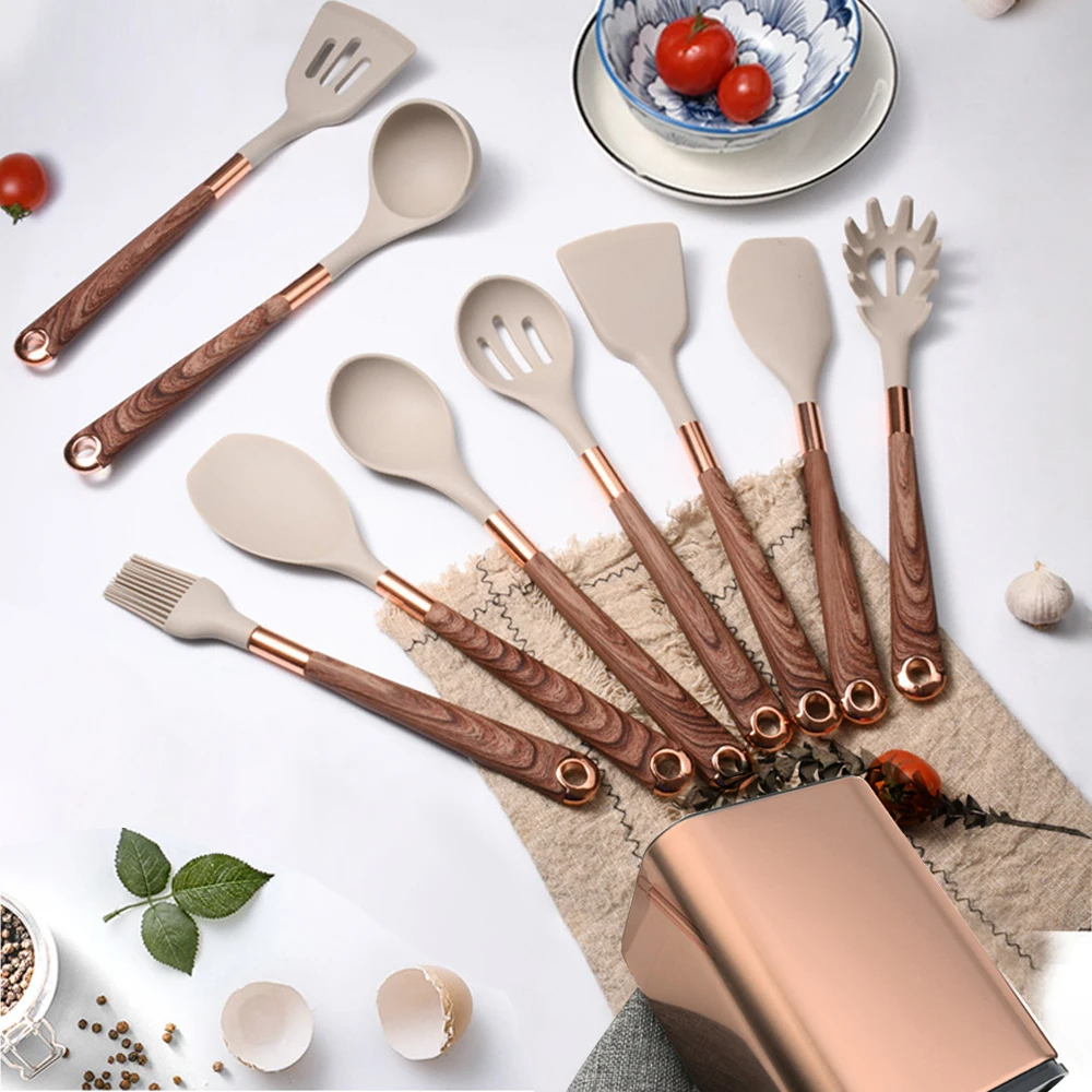 Kit Utensílios de Cozinha Silicone 10 Peças Com Organizador Rose  - Zafer