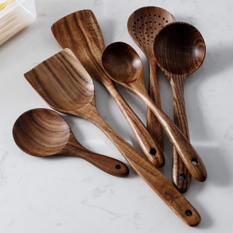 Kit Utensílios de Cozinha 7 Peças em Madeira Teca