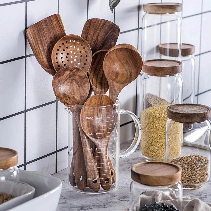 Kit Utensílios de Cozinha 7 Peças em Madeira Teca