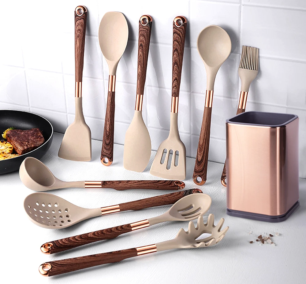 Kit Utensílios de Cozinha Silicone 10 Peças Com Organizador Rose  - Zafer